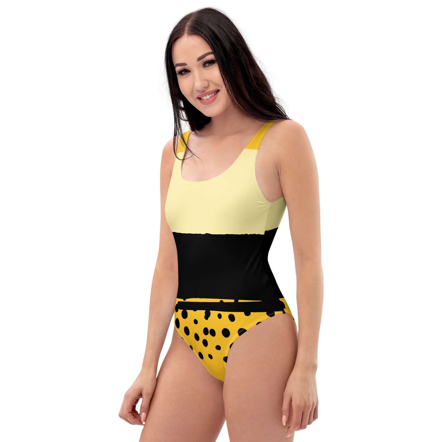 Costume da bagno intero donna giallo e nero con pois, ideale per look da spiaggia alla moda.